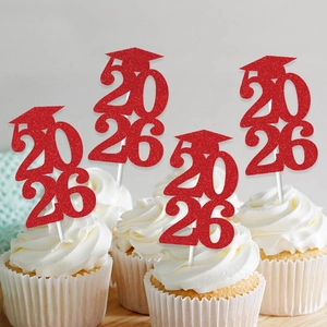 Red glitter 2026 graduation cap cupcake toppers for festive party dessert decorations
