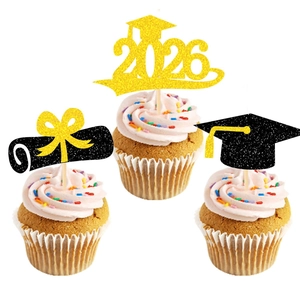 Glittering 2026 graduation cupcake toppers with graduation cap and diploma designs