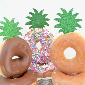 Green glitter pineapple leaf cupcake toppers for summer Hawaiian party cake decoration