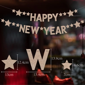 Happy New Year Banner Glitter Paper Hanging Bunting Party Decorations With Stars For Holiday Home Celebration