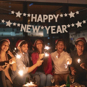 Silver glitter Happy New Year banner with stars for 2027 New Year Eve party decoration