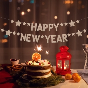Glitter silver Happy New Year banner with star elements for 2027 party decorations