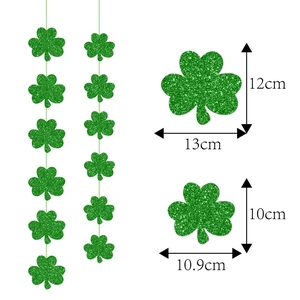 Detail of green glitter shamrock banners showing size specs for St. Patrick's Day