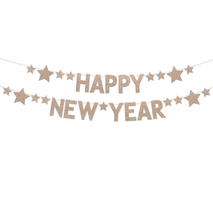 Rose gold glitter Happy New Year banner with stars for 2027 party decoration