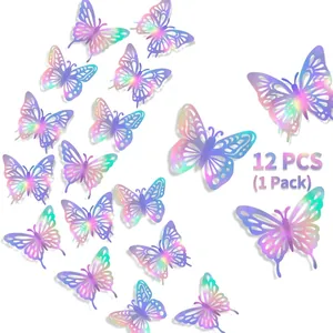 Lot de 12 stickers muraux papillons 3D ajourés avec design holographique découpé au laser