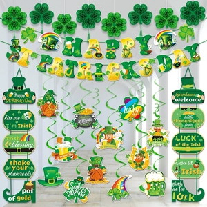 Happy St Patricks Day Party Decorations Banner Swirls Clover Shamrock Irish Festival Green Paper Hanging Ornament Decor
