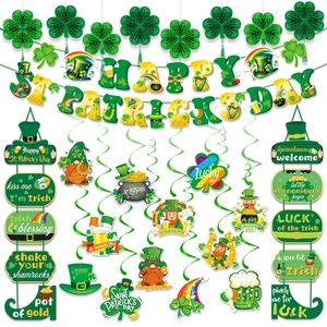St. Patrick's Day party decoration set with green banners, swirls and honeycombs