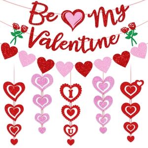 Valentine's Day Decoration Banner Glitter Paper Romantic Heart Rose Hanging Garland Wedding Proposal Party Decor