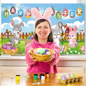 Vibrant Happy Easter backdrop featuring cartoon bunnies and colorful eggs decoration