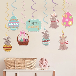 Easter party ceiling swirls with colorful bunny, egg cutouts and Happy Easter sign decor