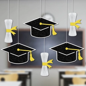 Graduation honeycomb ornaments set with black graduation caps and white paper scrolls