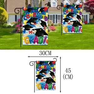Graduation garden flag with Congrats Grad text, mortarboard, and metal stand 30x45cm