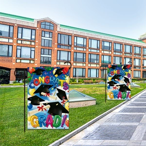 Outdoor graduation garden flag set with Congrats Grad slogan and metal stake stand