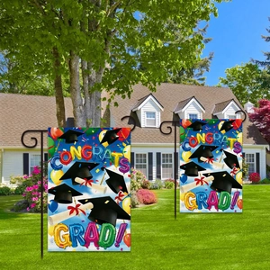 Outdoor graduation garden flag with Congrats Grad balloons and metal stand for courtyard