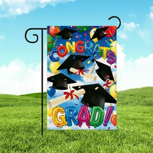 Congrats Grad Graduation Garden Flag Blue Outdoor Courtyard Decorative Burlap Flag Mortarboard Balloons Yard Banner Decoration