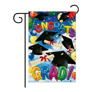 Congrats Grad garden flag with blue background, balloons and doctoral cap on metal stand