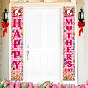 Bannière De Porche Fête Des Mères Tissu Polyester Gingham Motif Tulipes Décoration Suspendue Maison Porte Décor