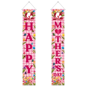 Bannières de porte pour la fête des mères avec tulipes, vichy rose et cœurs