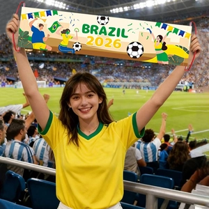 Female fan holding a Brazil 2026 soccer banner at a stadium for World Cup cheering
