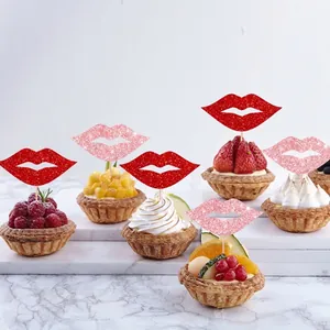 Glittery red and pink lips cake toppers set for Valentine's Day and birthday party desserts