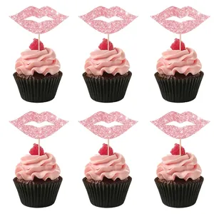 Pink glittery lip-shaped cupcake toppers for Valentine's party and birthday cake decor