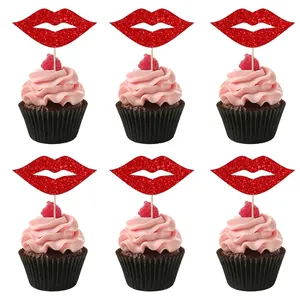 Red glitter lip cupcake toppers for Valentine's day cake decorations set of six