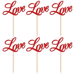 Set of 6 red glitter Love cake toppers with wooden sticks for wedding and party decoration
