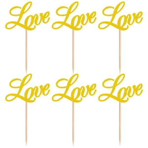 Set of 6 gold glitter Love cake toppers for wedding party and romantic dessert decoration
