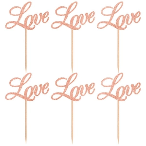 Set of 6 rose gold glitter Love cake toppers for weddings and parties with wooden sticks