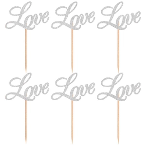 6-piece silver glitter Love cake topper set with elegant cursive script for weddings