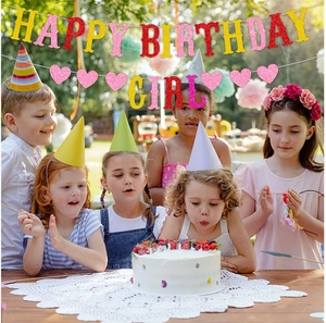 Colorful Happy Birthday Girl glitter banner with pink heart garlands for party decor