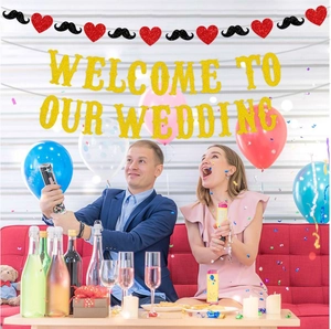 Glittering gold Wedding banner with red hearts and mustache garland decoration