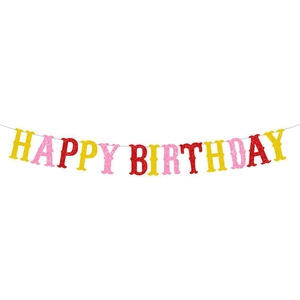 Colorful glitter Happy Birthday banner with sparkling star and heart hanging decorations