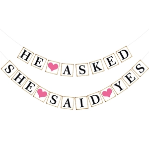 He Asked She Said Yes Wedding Banner Vintage Cardstock Bunting Garland For Proposal Engagement Party Backdrop Decoration Heart