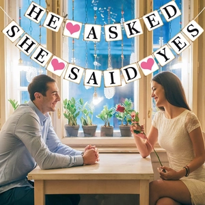 Vintage He Asked She Said Yes wedding banner with pink heart for proposal decor