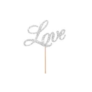 Décoration de gâteau Love pailletée argentée avec bâton bois pour mariage et fête