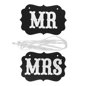 Wedding chair decor set with MR and MRS signs and white ribbons for bridal photos