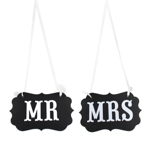 Vintage MR & MRS chair signs with elegant scalloped edges and white hanging ribbons