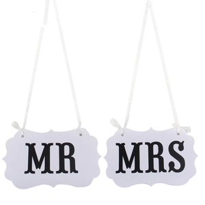 Set of MR and MRS wedding chair signs with white ribbons for photo props and decor