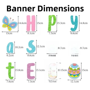 Detailed banner dimensions showing glitter Easter bunny and egg party decorations