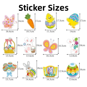 Size chart showing height and width of 12 colorful Easter bunny and egg party decorations