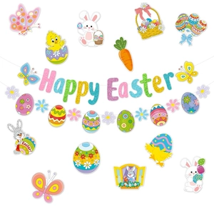 Colorful Happy Easter banner set with bunny, egg, and chick cutouts for party decor