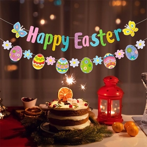 Happy Easter glitter banner with colorful egg and flower cutouts for party decoration