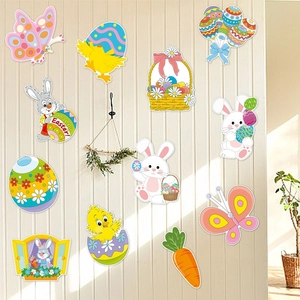 Easter wall decals featuring colorful rabbits, painted eggs, and Happy Easter banners