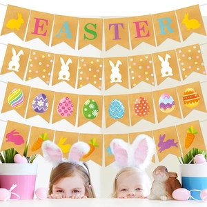 Easter burlap banners set with bunnies and eggs patterns for festive party decorations