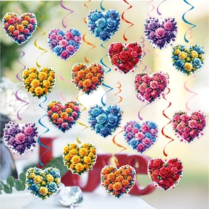Close-up of Valentine heart-shaped rose clusters with colorful hanging swirls