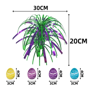 Easter party table decoration set with green purple fountain centerpiece and colored eggs