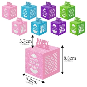 Hollow Easter candy gift boxes in pink, blue, purple, and green with rabbit patterns