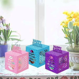 Glittery Easter candy gift boxes with Happy Easter hollow design in pink, blue, and purple
