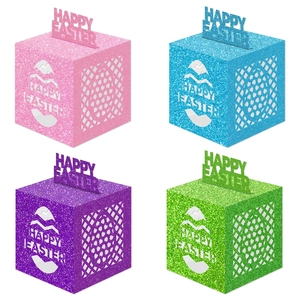 Glittery Happy Easter gift boxes with hollow egg patterns in pink blue purple and green